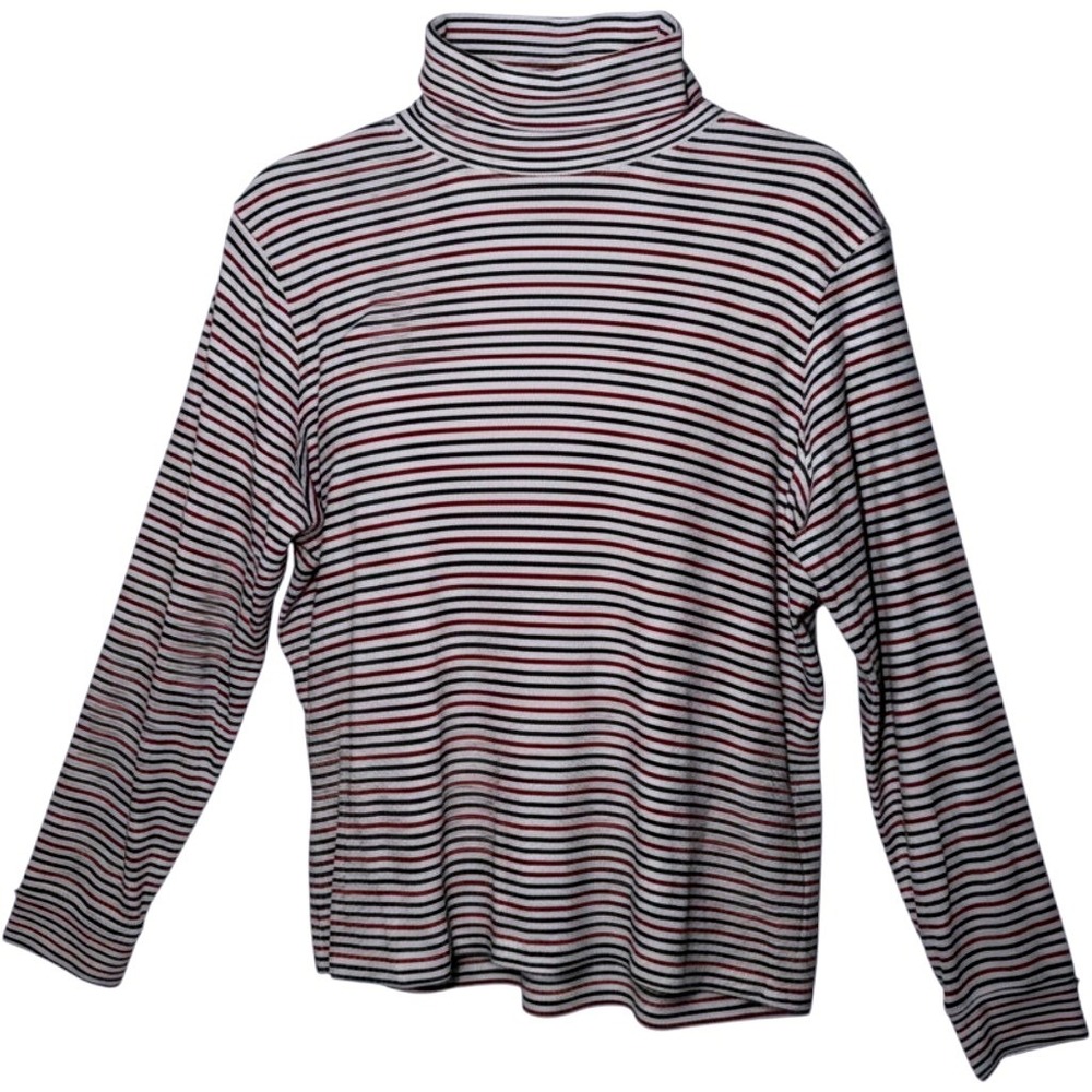 LL Bean Turtleneck Top Women XL White Multi Color Striped Cotton Layering Preppy